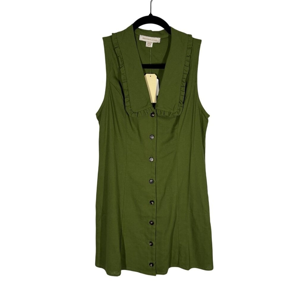 Monteau Womn SZ XS Green Linen Blend Sleeveless Button Up Round Collar Dress NWT